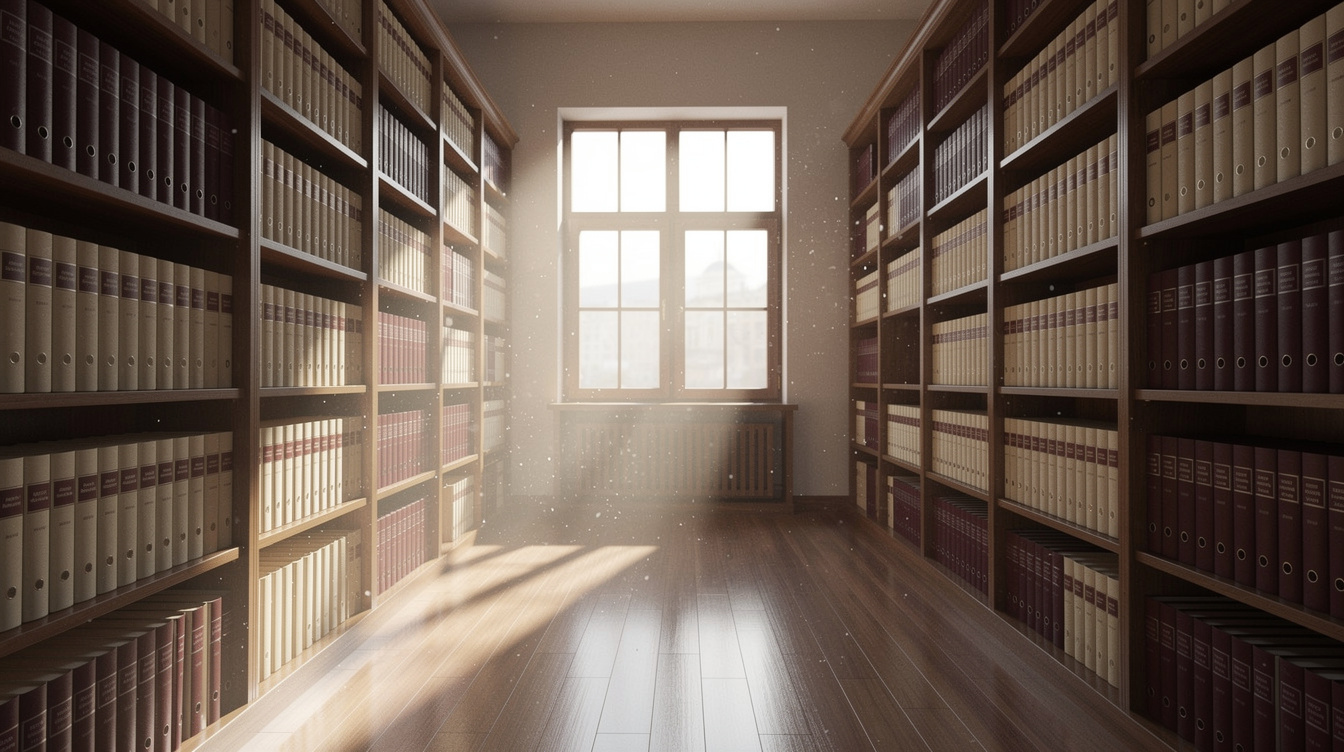 Rows of old bound journals and archive folders on wooden shelves